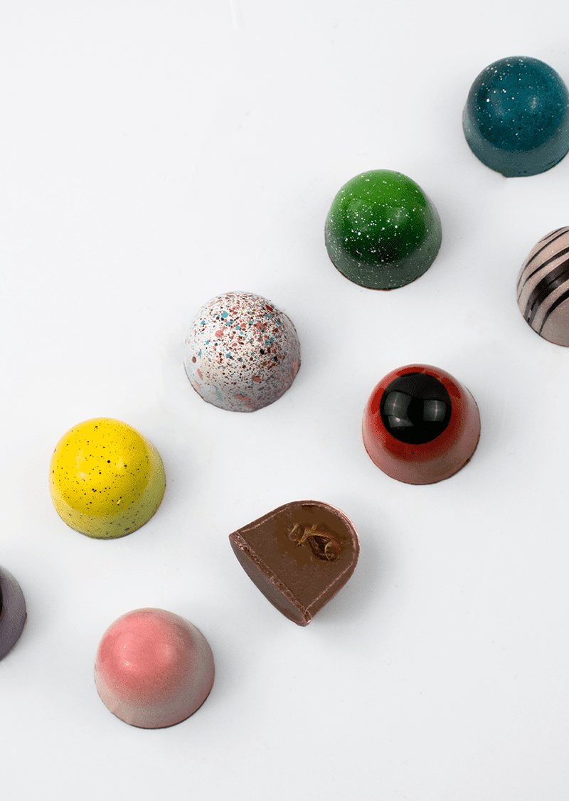 Homemade painted chocolate pralines